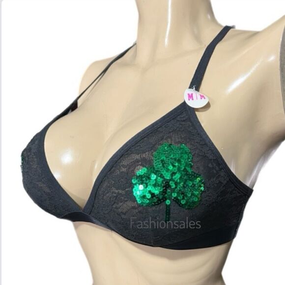 Victoria's Secret St. Patrick's Day Sequins Shamrock Triangle Lace Bralette Bra - Picture 5 of 7